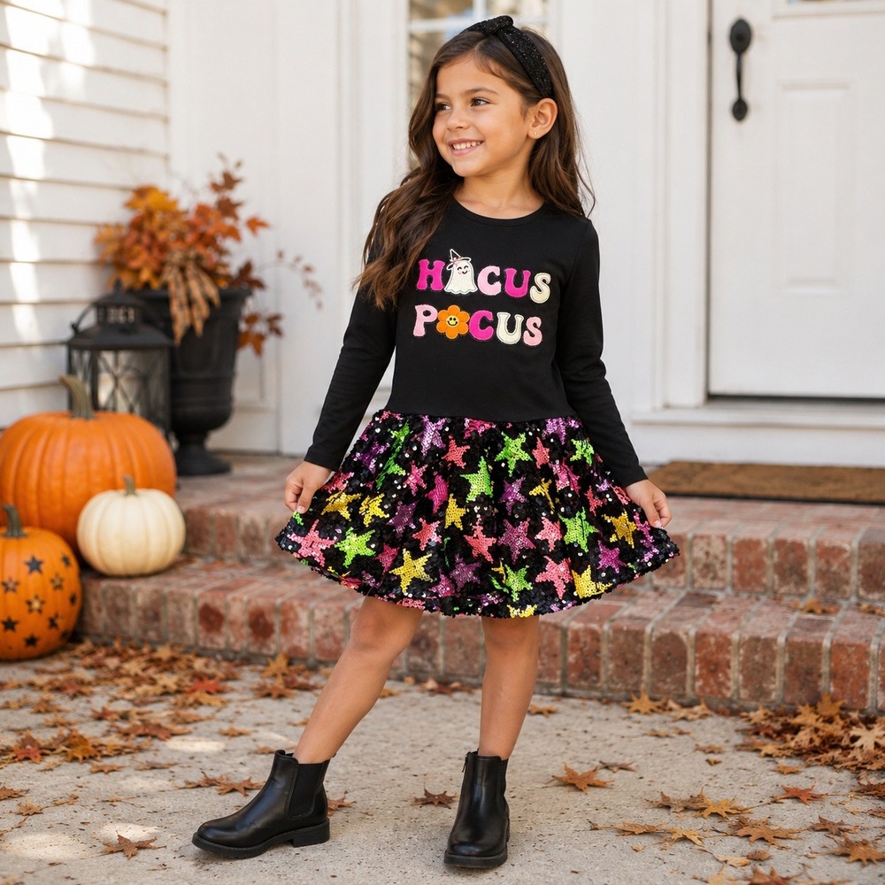 Counting Daisies Hocus Pocus Dress Girls 6/6X Black Sequin Star Ghost